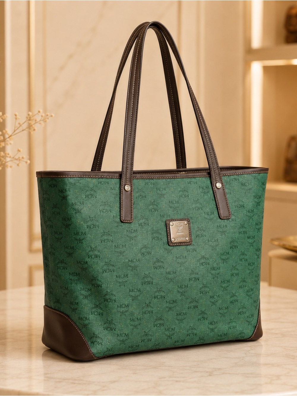 MCM Green Logo Canvas Tote with Brown Leather Handles - Picture 2 of 9